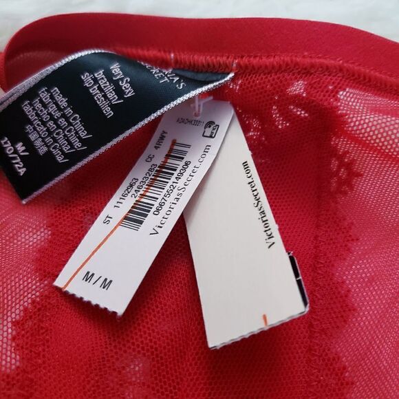 Victoria's Secret BRAZILIAN MEDIUM Red Velvet Lace Mesh Hool & Eye Very Sexy - Picture 5 of 6